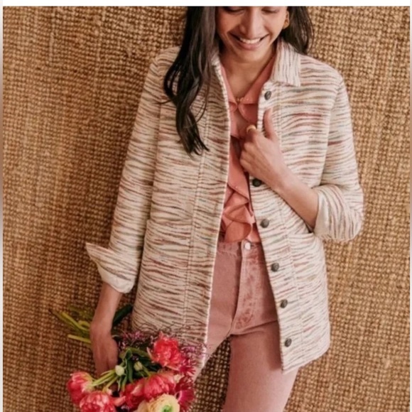 Sézane Neutral Striped Button Front Coat Pointed Collar Fall Jacket Parisian XS - Picture 1 of 5